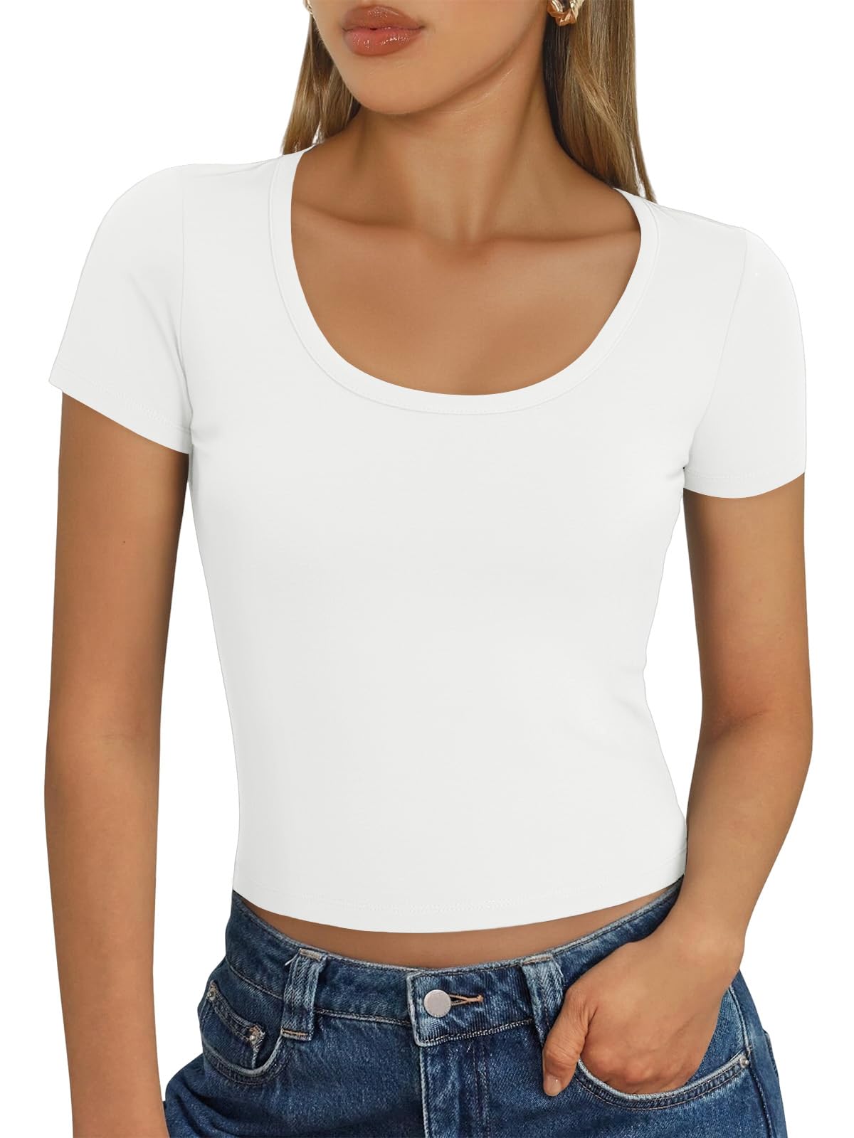 Cuptacc Tshirt Damen Kurzarm U Ausschnitt Oberteile Slim Fit Basic Shirt Damen Elegant T-Shirt Sommer Stretch Crop Top