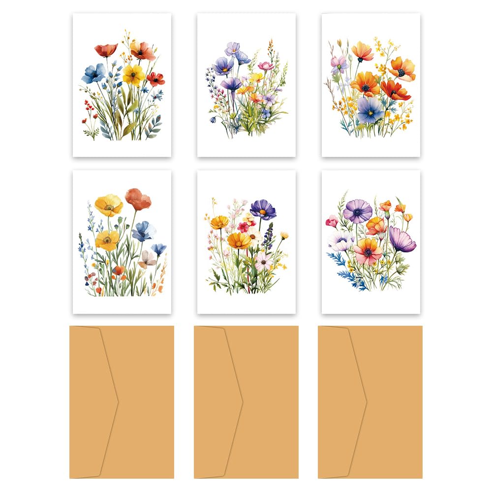 24PCS Watercolour Wildflower Greeting Cards Set with Kraft Envelopes, Premium Thick Cardstock Blank Notelets for Weddings, Everyday Correspondence, Professionals & Bulk Use
