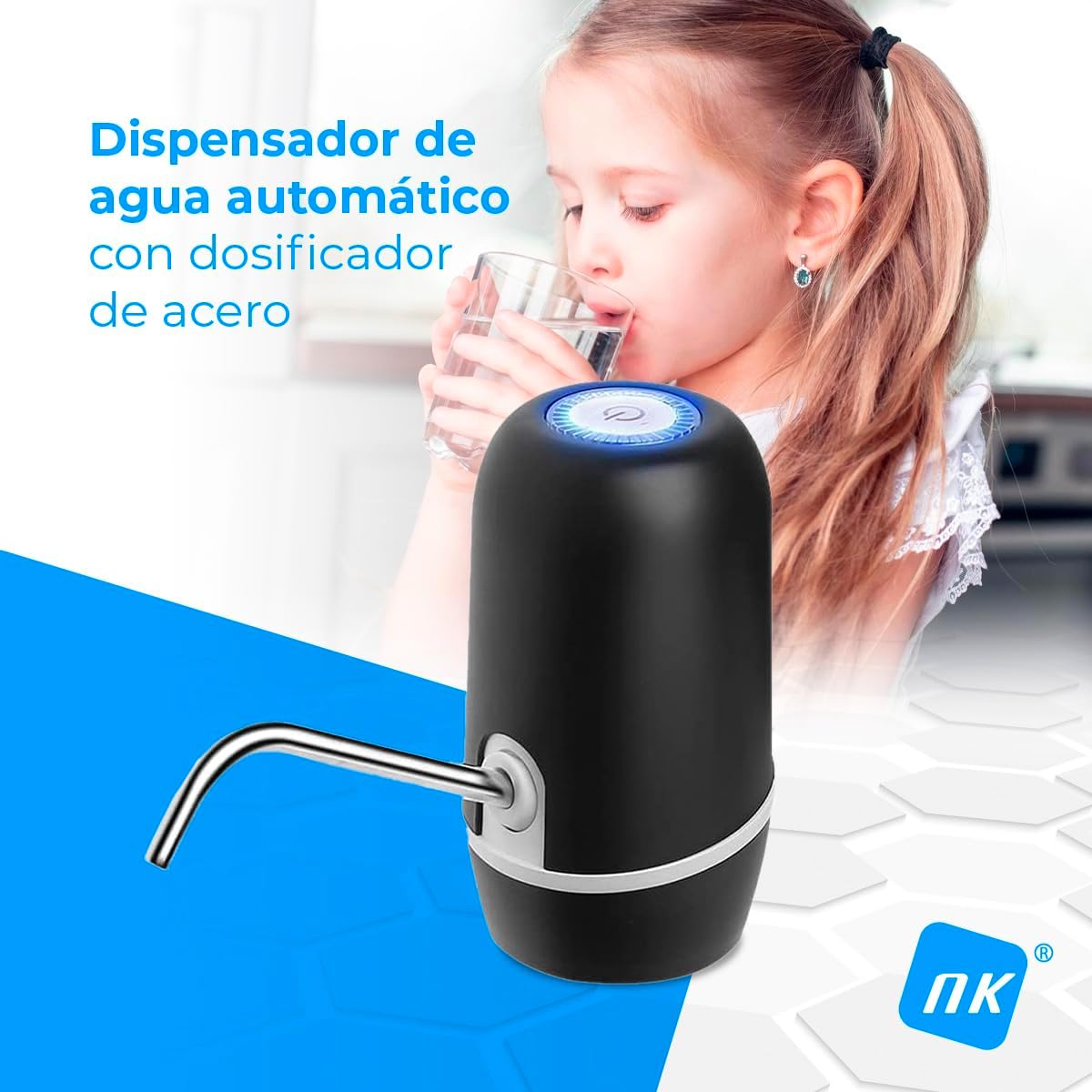 NK Water Dispenser - Automatic Water Dispenser, USB Charging, Steel Dispenser, BPA Free, Cold Water, 1200mAh, Transportable, for 1.5L, 5.7L, 10L, 11.3L, 15L, 18.9L Bottles and Decanters - Color Black