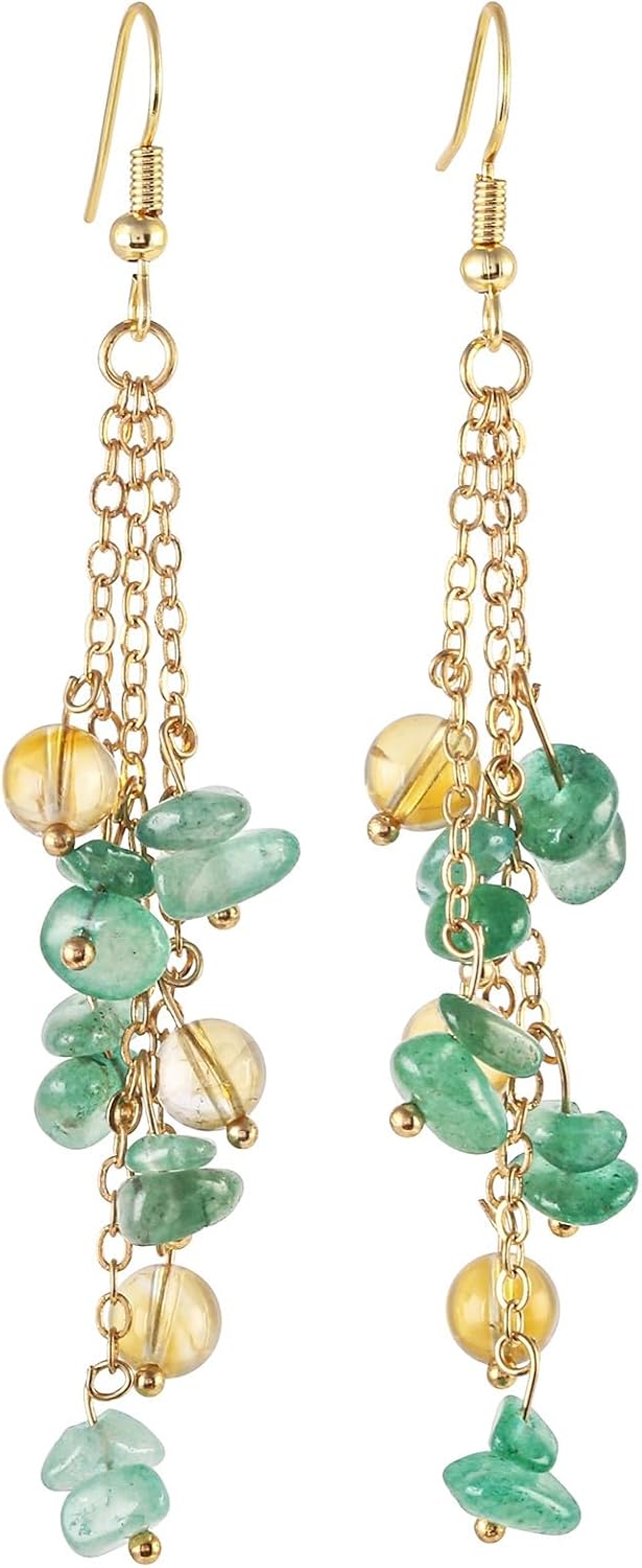 Nupuyai Handmade Dangle Earrings for Women Golden Long Chain Tumble Stone Earring Dangling