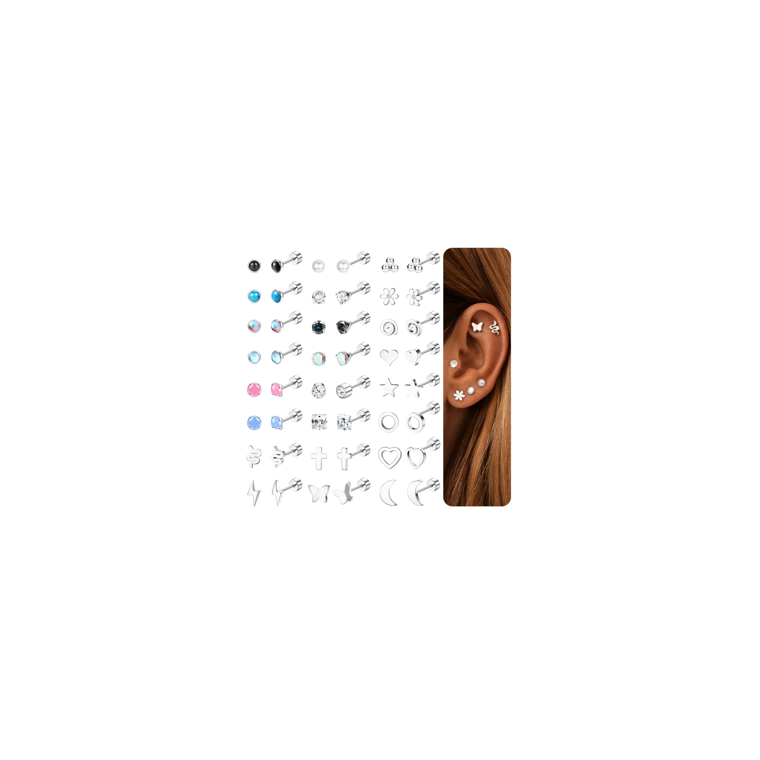 LOLIAS 8Pcs 18G Piercing Orecchini Acciaio Chirurgico Cartilagine Set Piercing Trago Helix CZ per Donne Ragazze Carino Bilanciere Fiori Luna Stella Set Orecchio Gioielli