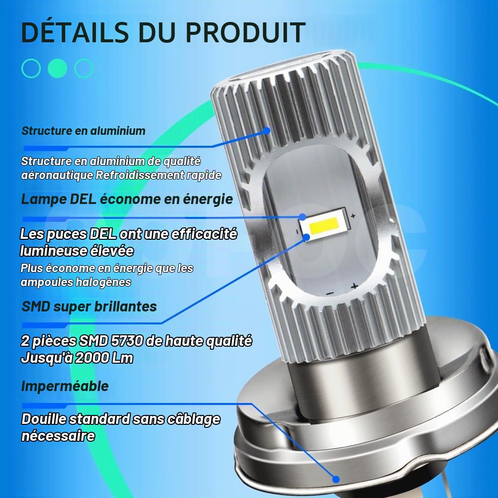 SOFOC R2 P45T Ampoule LED pour Phare de Moto/Voiture Blanc Froid 6500K 6V 12V 24V Compatible avec 6-30V AC/DC 2000LM 300% Plus Lumineux que Halogène Code/Croisement 2SMD 1pcs