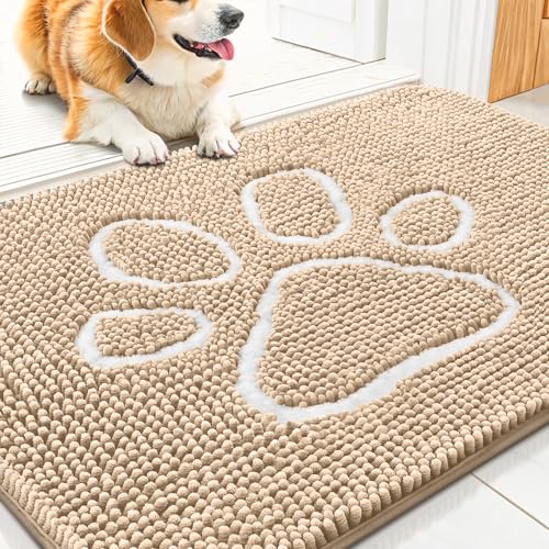 Image of Smiry Dog Door Mat for Muddy Paws, Absorbent Dirt Trapper Non Slip Quick Dry Washable Chenille Mat for Mud Dogs, Entry Rug for Indoor and Outdoor (30x20 Inches, Beige and White)