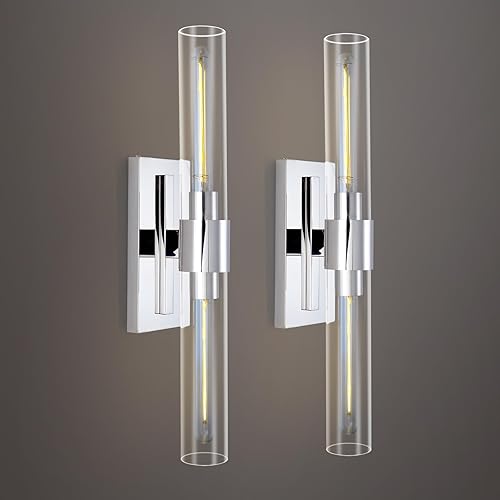 Juego de 2 lámparas de tocador de baño apliques de pared de tubo de cristal base de color níquel luces de pared de baño lámpara de pared de mesita