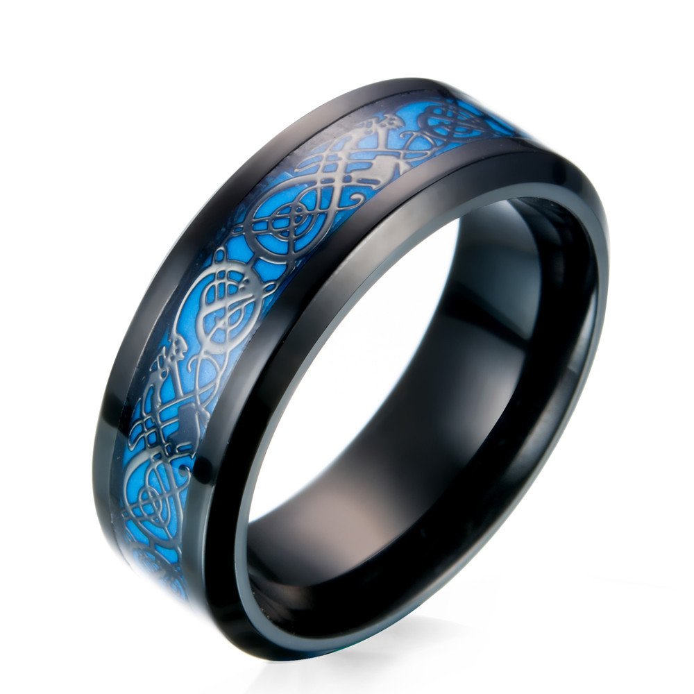 JINSHIYINYU Men's 8mm Blue Carbon Fiber Black Celtic Dragon Luminous Effect Ring Band Glow in The Dark