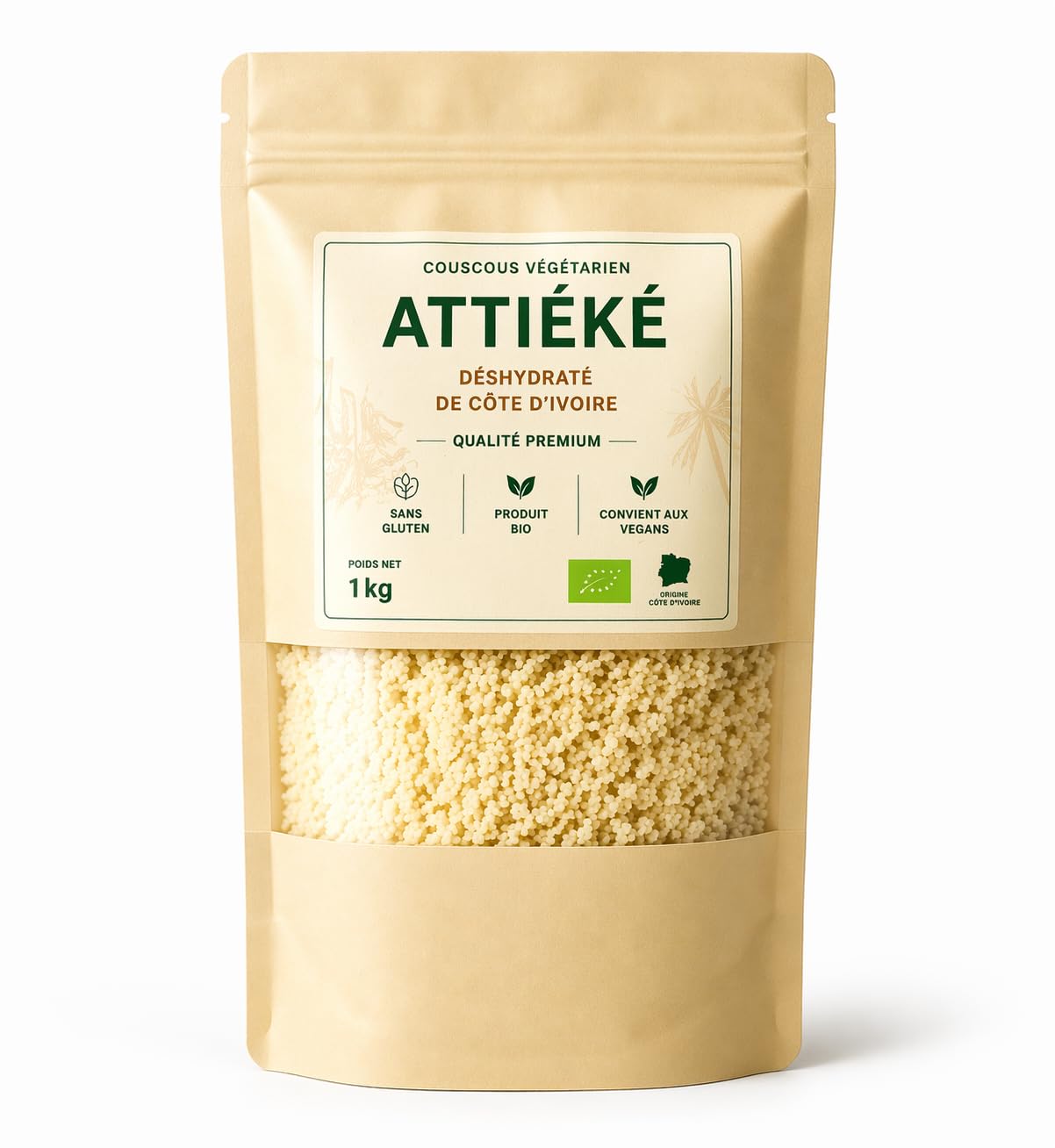 Couscous vegetarien Attiéké Déshydraté de Côte d'Ivoire - 1kg | Sans Gluten | Produit Bio | Qualité Premium | Convient aux Vegans