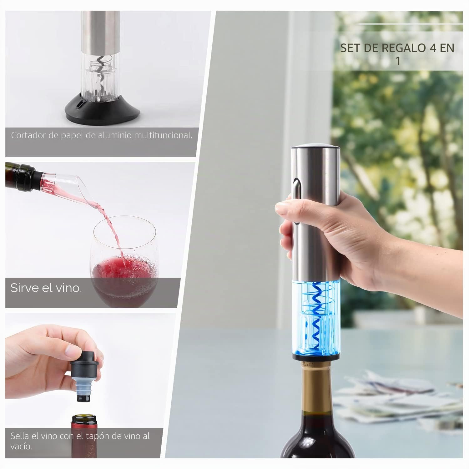 Sacacorchos Eléctrico, Abridor Botellas de Vino Profesional, Sacacorchos Eléctrico de Acero Inoxidable con Puerto de Carga USB, Cortador de Cápsulas, Tapón de Vacío y Vertedor