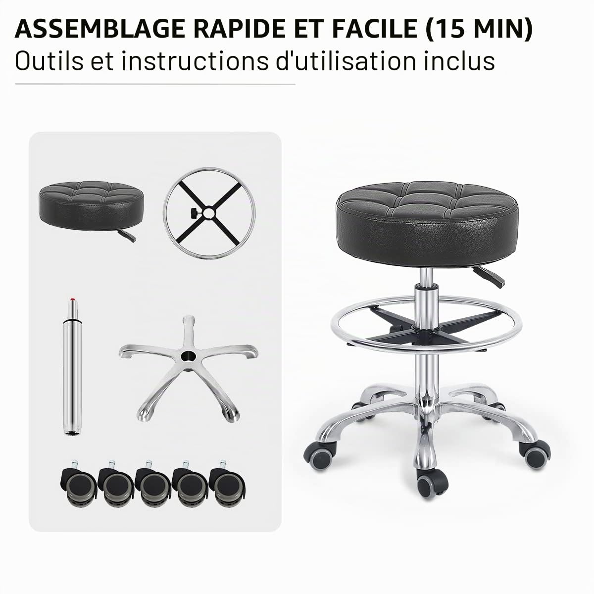 Tabouret pivotant à hauteur réglable Grace&Grace, Tabouret à roulettes robuste pour bureau