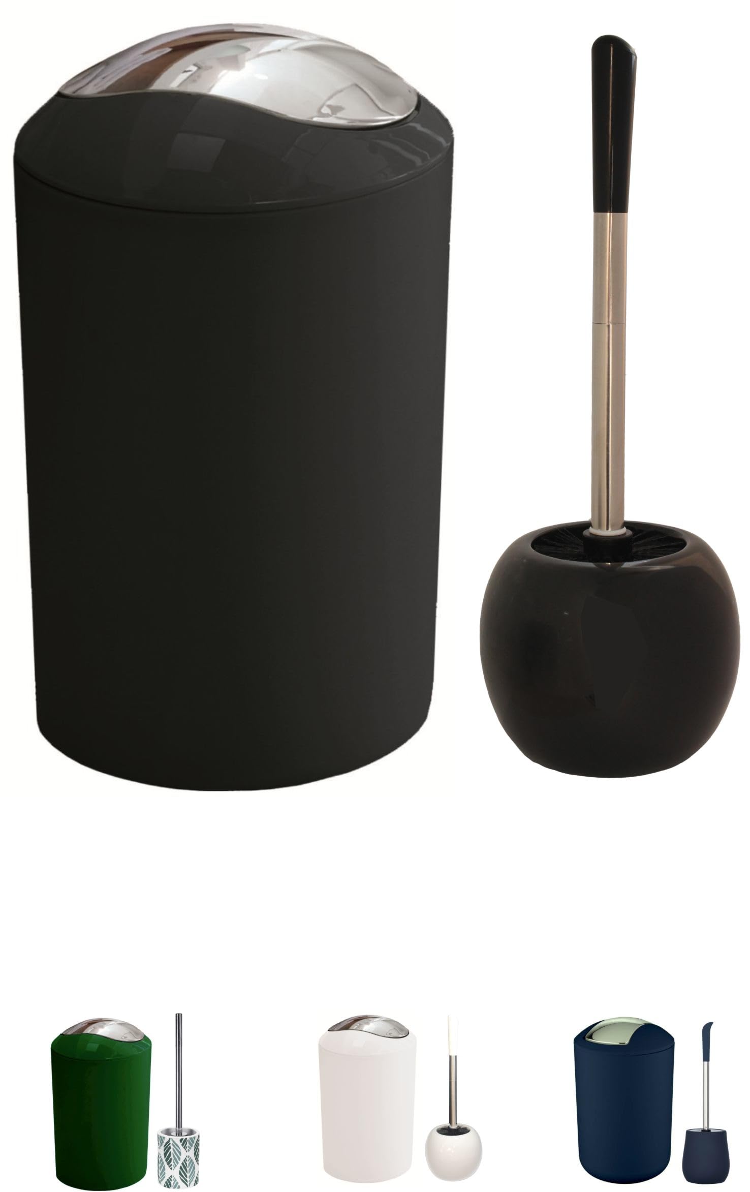 KW Ceramic Toilet Brush and High Grade Plastic Bathroom Swing Bin Set (Black)