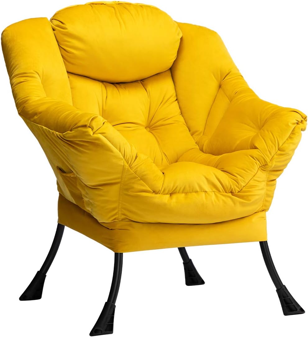 HollyHOME Modern Velvet Fabric Lazy Chair, Accent Contemporary Lounge Chair, Single Steel Frame Leisure Sofa Chair with Armrests and A Side Pocket, Thick Padded Back, Yellow