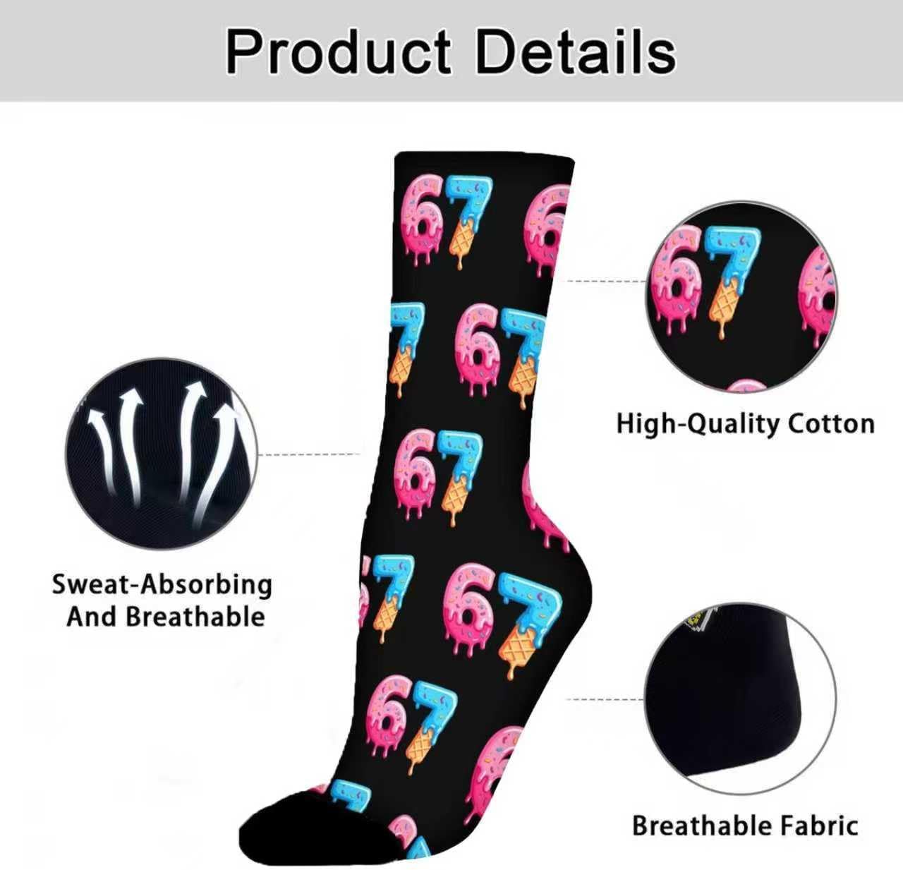67 Socks Ice Cream 6 7 Meme Novelty Six Seven Crew Socks Funny Gifts For Boys Girls Men Women 67 Design Funny Socks - Image 4