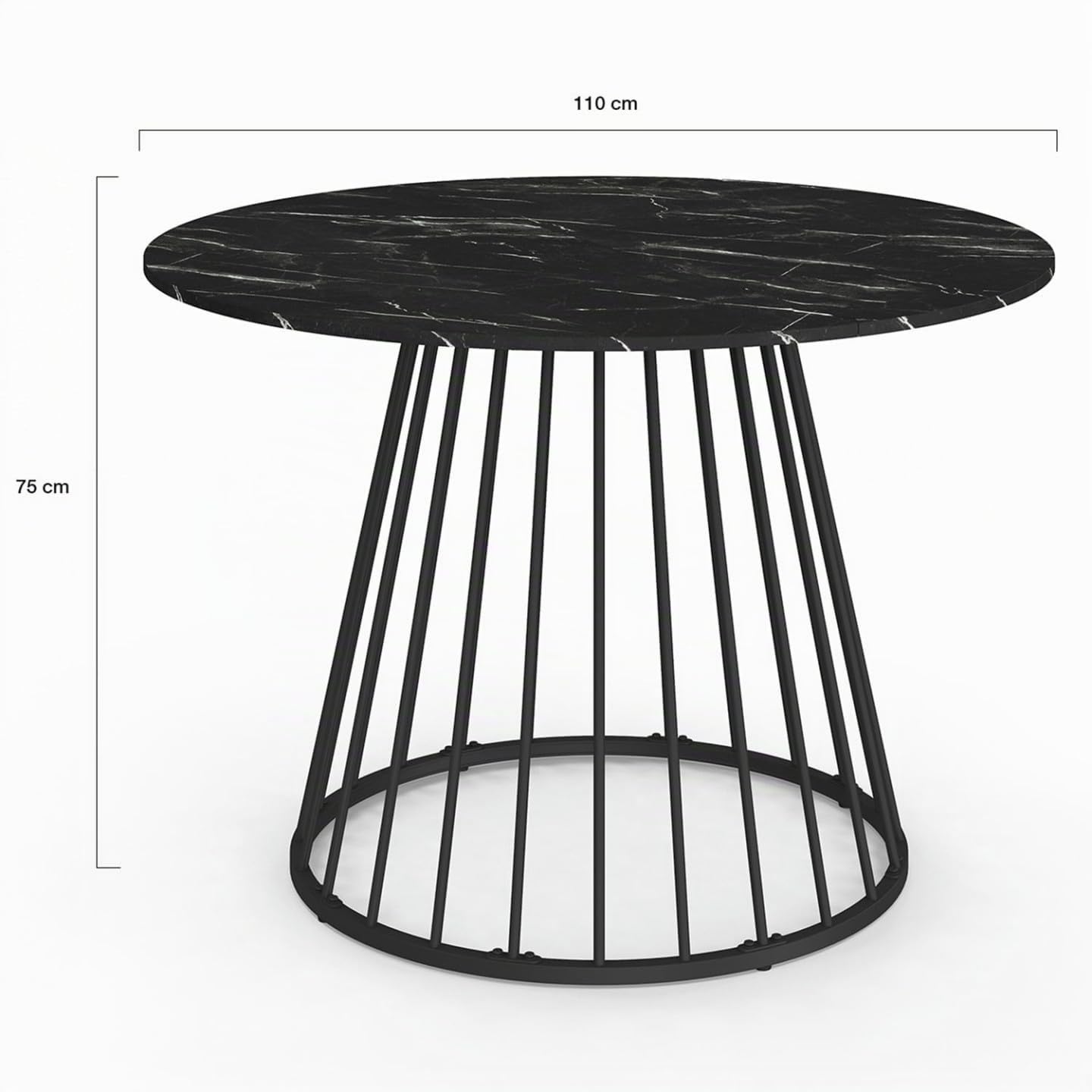 IDMarket Yuna - Mesa de comedor redonda para 6 personas, 110 cm, efecto mármol | Con pie con cable, bandeja efecto mármol negro alaska, metal negro