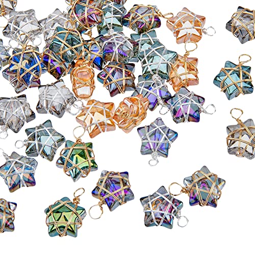 SUPERFINDINGS 40Pcs Glass Star Charms Wire Wrapped Star Pendants AB Color Electroplate Glass Charms Mixed Color Crystal Dangle Charm for Earring Bracelet Necklace Jewellery Making,Hole:1.5-2mm