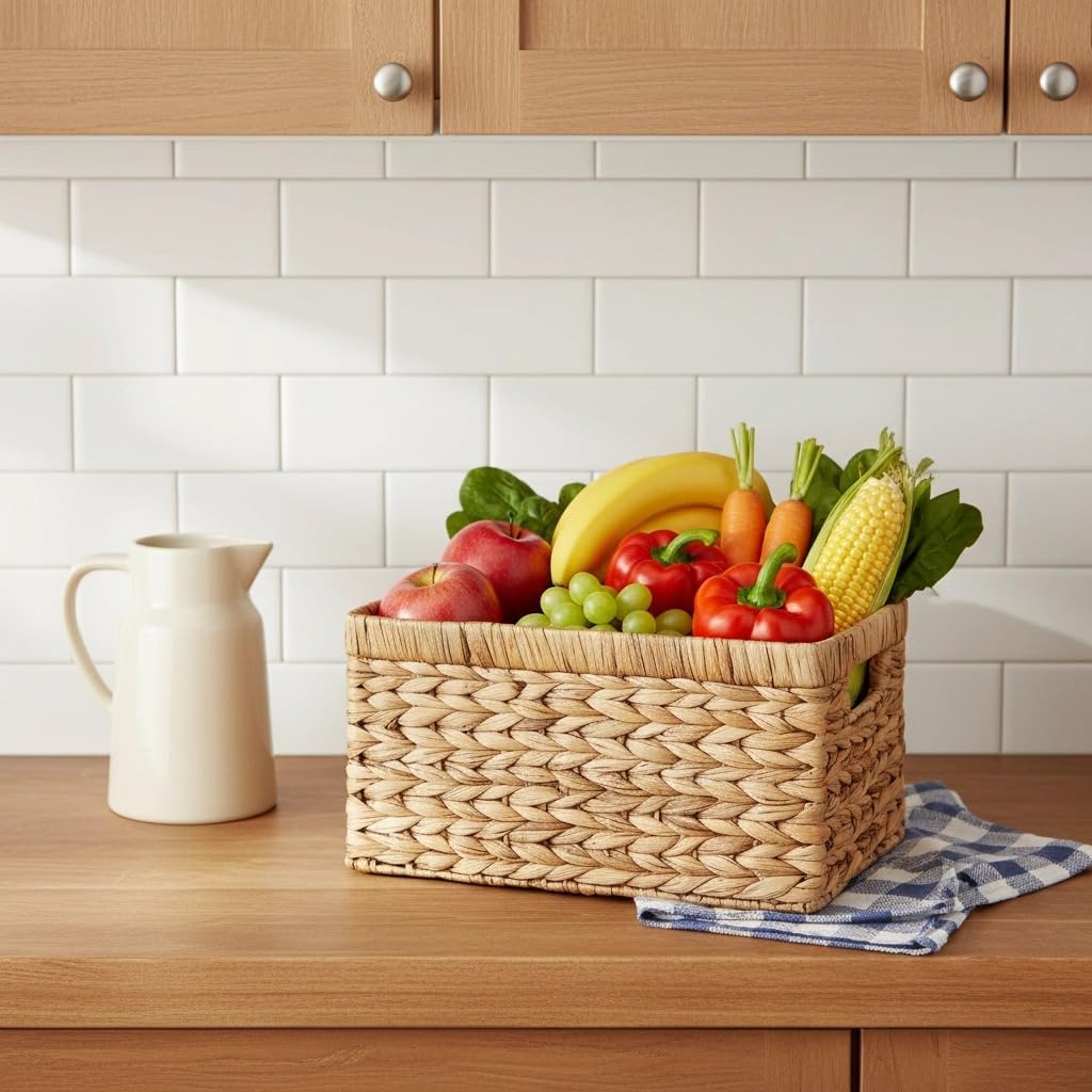 Set of 4 Water Hyacinth Storage Baskets, Handwoven Wicker Bins with Built-In Handles – Pantry & Kitchen Organizer Baskets for Shelves, Bathroom, Living Room Décor