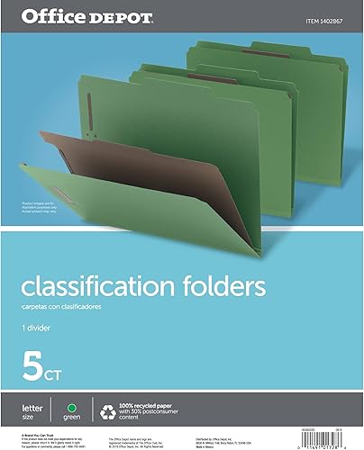 Miniatura 2 de Office Depot Carpetas de clasificación, expansión de 1 34 pulgadas, tamaño carta, 1 divisor, 60% reciclado, verde claro, paquete de 5, OM01728