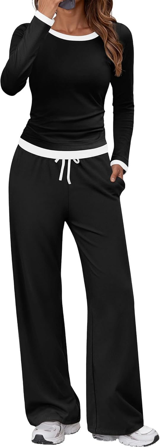 SHESHOW Women 2 Piece Outfits Long Sleeve Tops Wide Leg Pants Casual Matching Lounge Sets for Women XS-XXL
