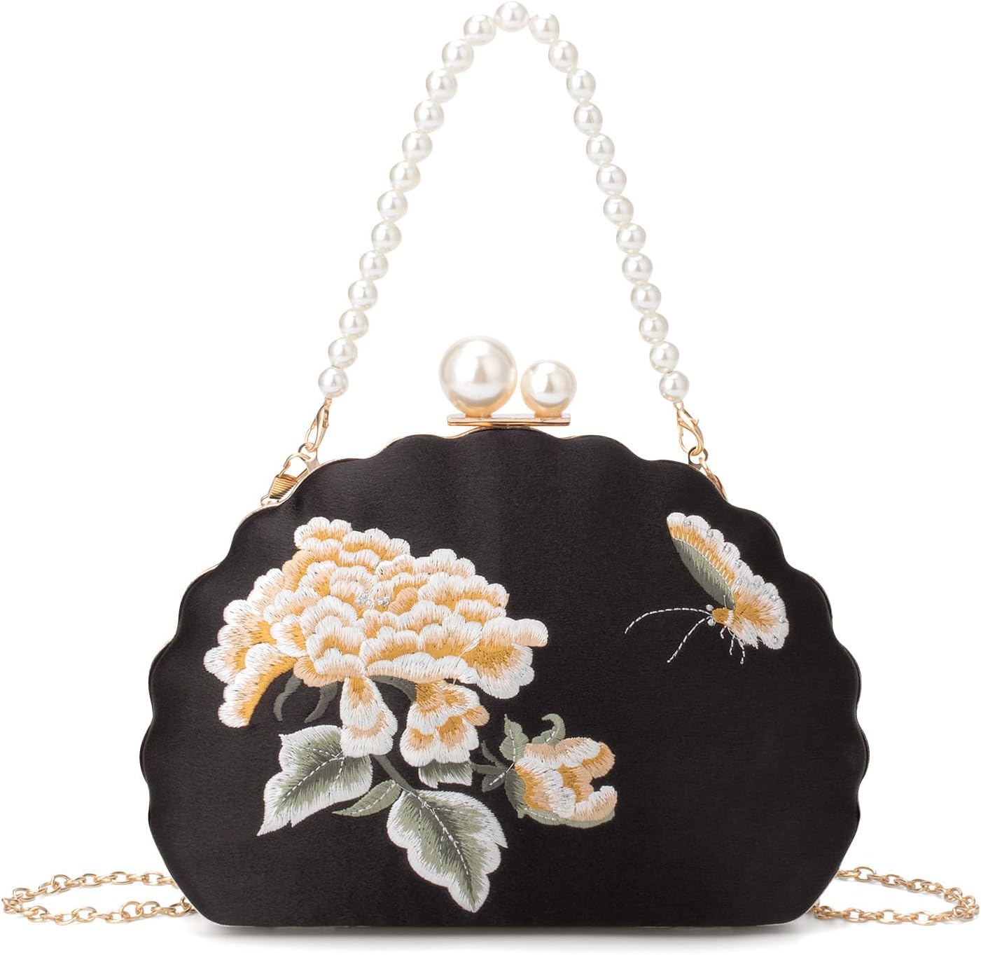 YYW Clutch Purse Women Floral Embroidery Evening Bag Elegant Pearl Crossbody Handbags for Wedding Cocktail Party Prom