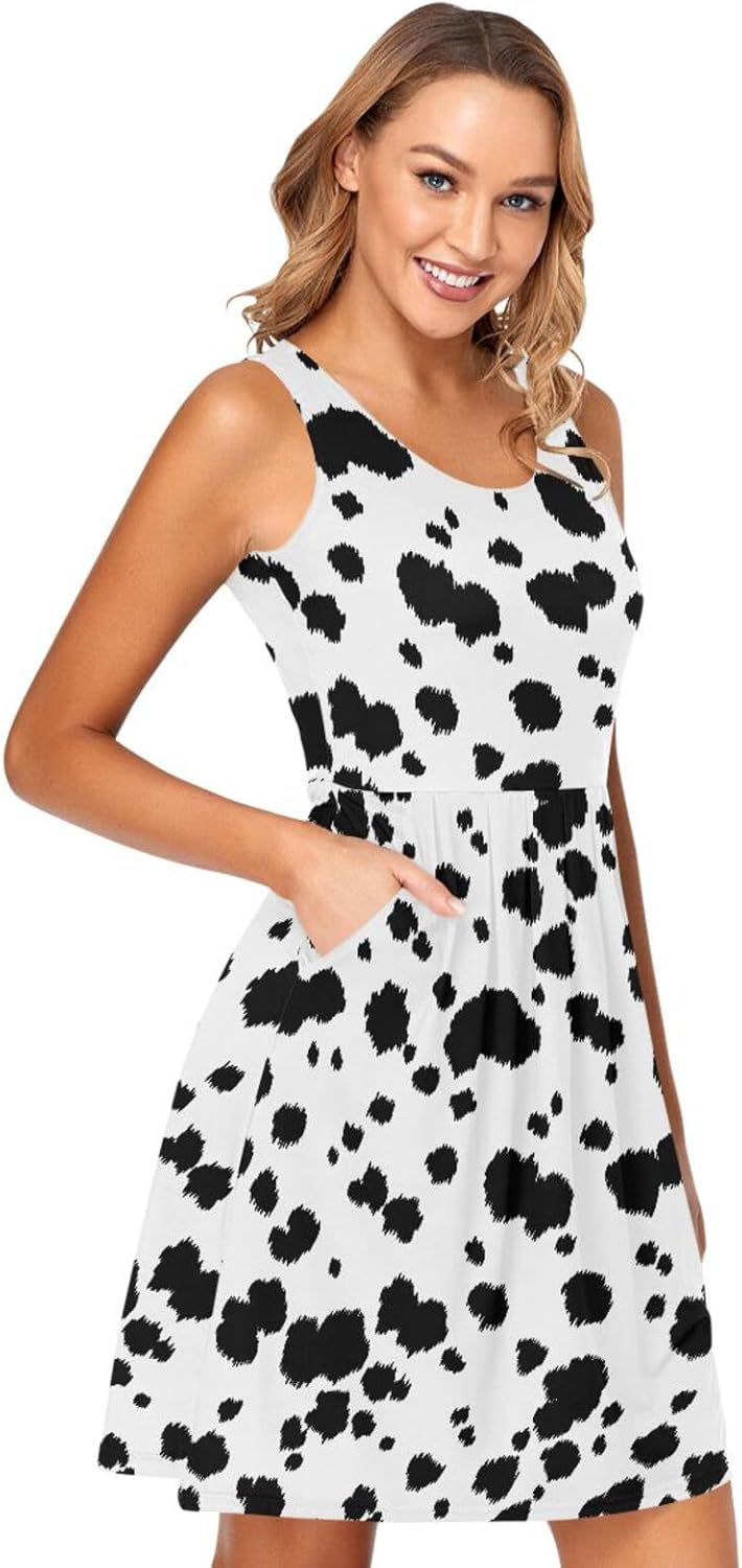 ALAZA Summer Dress Dalmatian Dog Spot Print Animal Sun Dresses Sleeveless w/Pockets