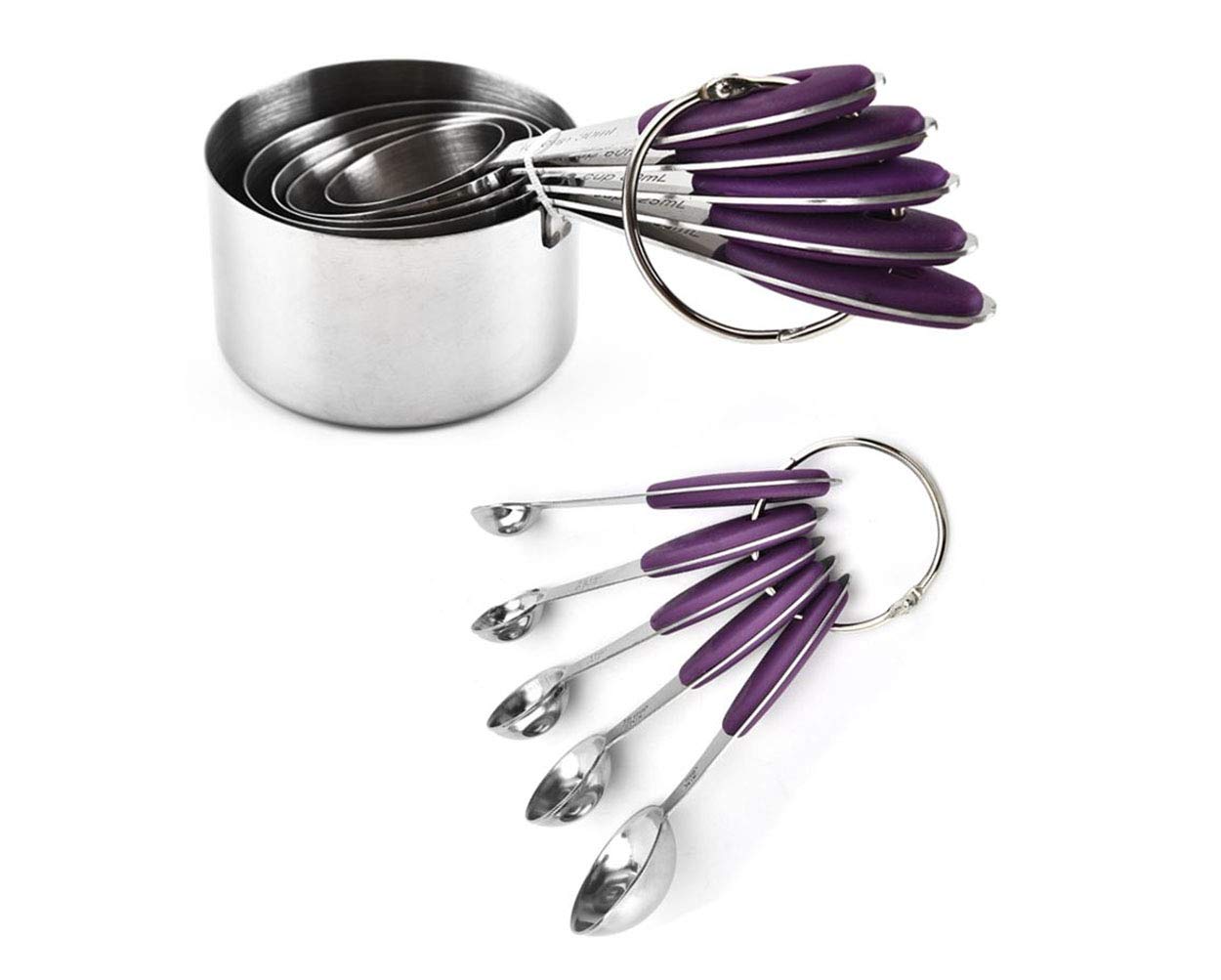 Juego de tazas y cucharas medidoras con mango de silicona, juego de 10 que incluye 5 tazas medidoras de acero inoxidable y 5 cucharas medidoras. Medición de cocción ampliamente utilizada como