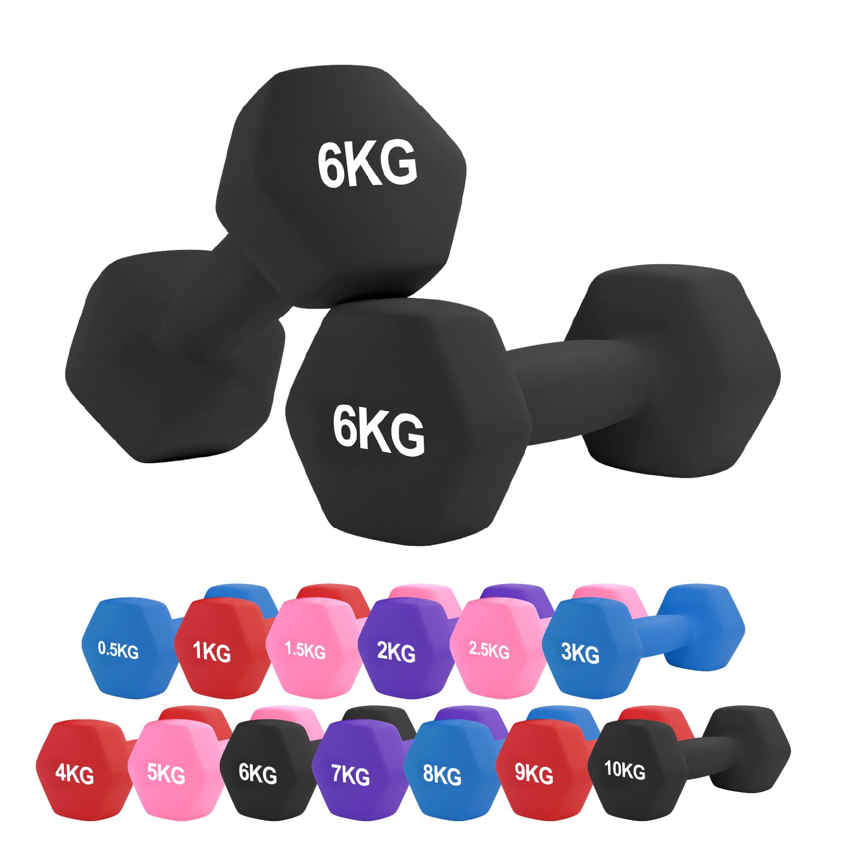 Neoprene Dumbbell – Cast Iron Core Hex Shape Hand Weight with Anti-Slip Grip, Durable Rubber Coating for Strength Training, Home Gym, Fitness & Aerobic Exercise (0.5-10 kg) (6Kg Pair-Black)