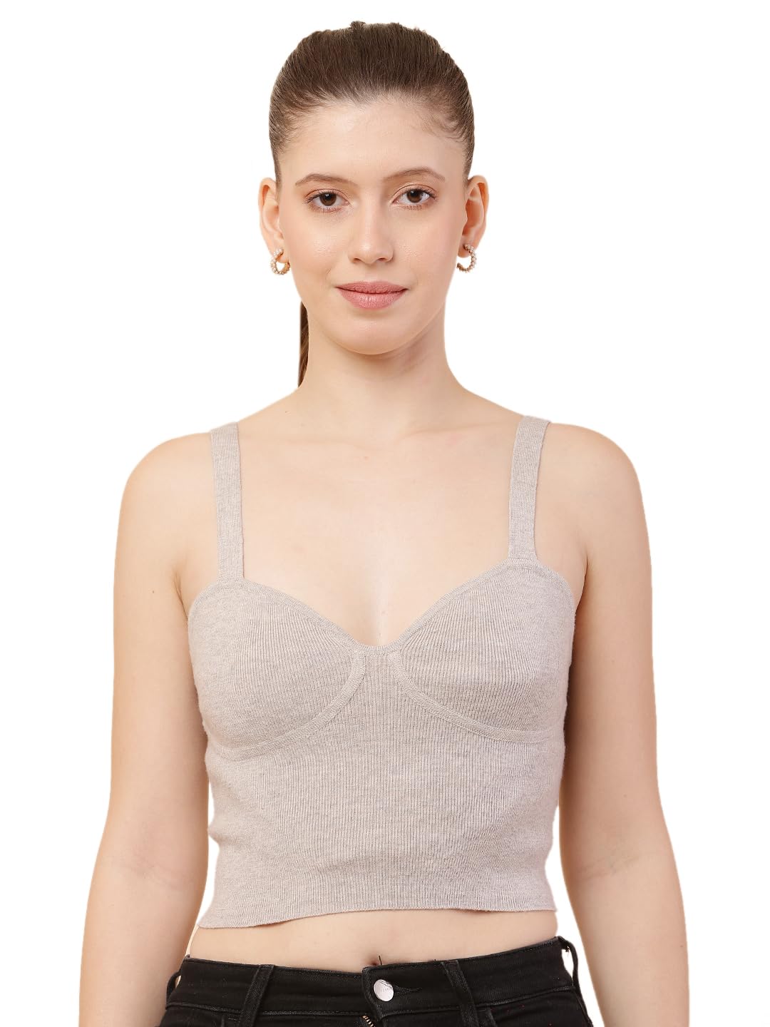 nobarr Women's Polyester with Sweetheart Neck Fine-Knit Beige Crop Top-picture-20