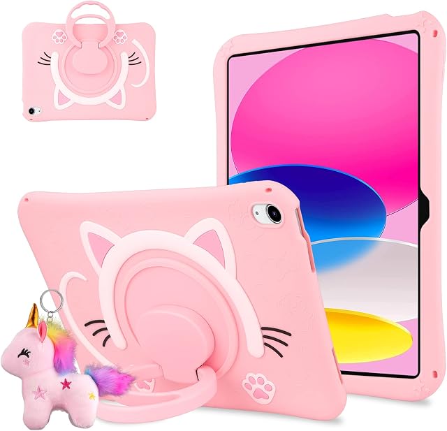 Vunake for iPad 10th Generation Case 2022 with Rotating Kickstand Fluffy Unicorn Keychain Silicone Protective Tablet Cover iPad 10 Case for Girls Kids Case for IPad 10th Gen 10.9 inch 2022,Pink Cat