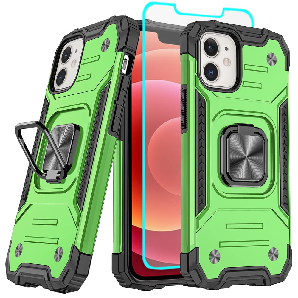 HNHYGETE for iPhone 12 Case with Screen Protector: Heavy Duty Military Grade 360 Rotatable Kickstand Shockproof Protective Case for iPhone 12 (Green)