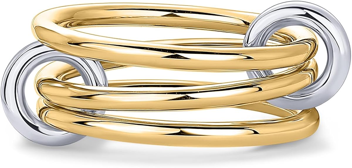 PAVOI Anillos apilables entrelazados chapados en oro de 14 quilates para mujer, múltiples anillos de metales mixtos llamativos, circonita cúbica, bandas conectadas de dos tonos, joyería apilable