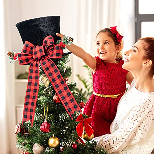 HMASYO-Christmas-Tree-Topper-Large-Black-Tree-Topper-with-Buffalo-Plaid-Bow-Ribbon-Ornament-Rustic-Xmas-Tree-Topper-Top-Hat-for-Farmhouse-Home-Office-Holiday-Tree-Decoration HMASYO Christmas Tree Topper Large Black Tree Topper with Buffalo Plaid Bow Ribbon Ornament Rustic Xmas Tree Topper Top Hat for Farmhouse Home Office Holiday Tree Decoration