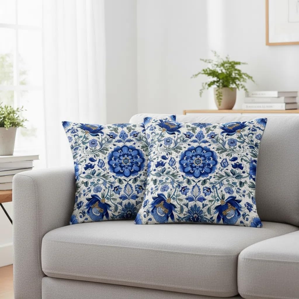 Blue Pillow Covers 18x18 Floral Throw Pillow Covers Contton Linen Pillow Covers for Couch Bed Home Outdoor Decor(Set of 4)