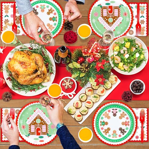 Christmas Party Supplies, Christmas Gingerbread Party Disposable Napkins, Dinner Plates, Dessert Plates, Cups and Forks Tableware Set for Merry Christmas Party Winter Holiday Decorations, Serve 24 – Image 5