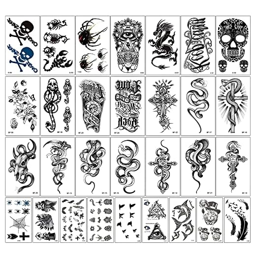 30 Feuilles Tatouage Temporaire,Imperméable Faux Tatouage Autocollant,Tatouage Temporaire pour Corps Bras Poitrine épaule,pour Hommes/Femmes/Filles/Enfants Hallowee (Noir)