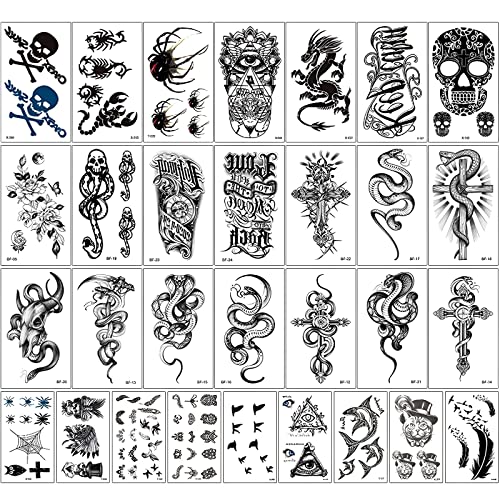 adspow 30 Feuilles Tatouage Temporaire,Faux Tatouage Imperméables à l'eau, Autocollant Bras Cou,Tattoo Ephémères pour Hommes/Femmes/Filles/Enfants Halloween