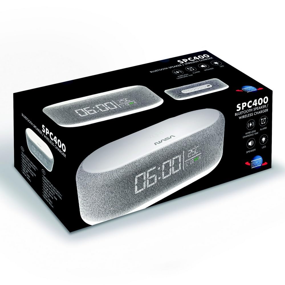 Nasa SPC400 Sveglia Bluetooth 5.0 con 2 Altoparlanti Stereo 5W RMS, Ricarica Wireless 15W, Doppio Allarme, Luce LED 3W, USB-C, Bianca/Grigia