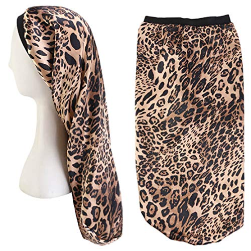 Babyku Satin Sleep Cap for Long Hair, Extra Long Bonnet for Braids Hair Loose Cap Bonnets for Women Dreadlocks, Curly Hair, Soft Elastic Band (Leopard.)