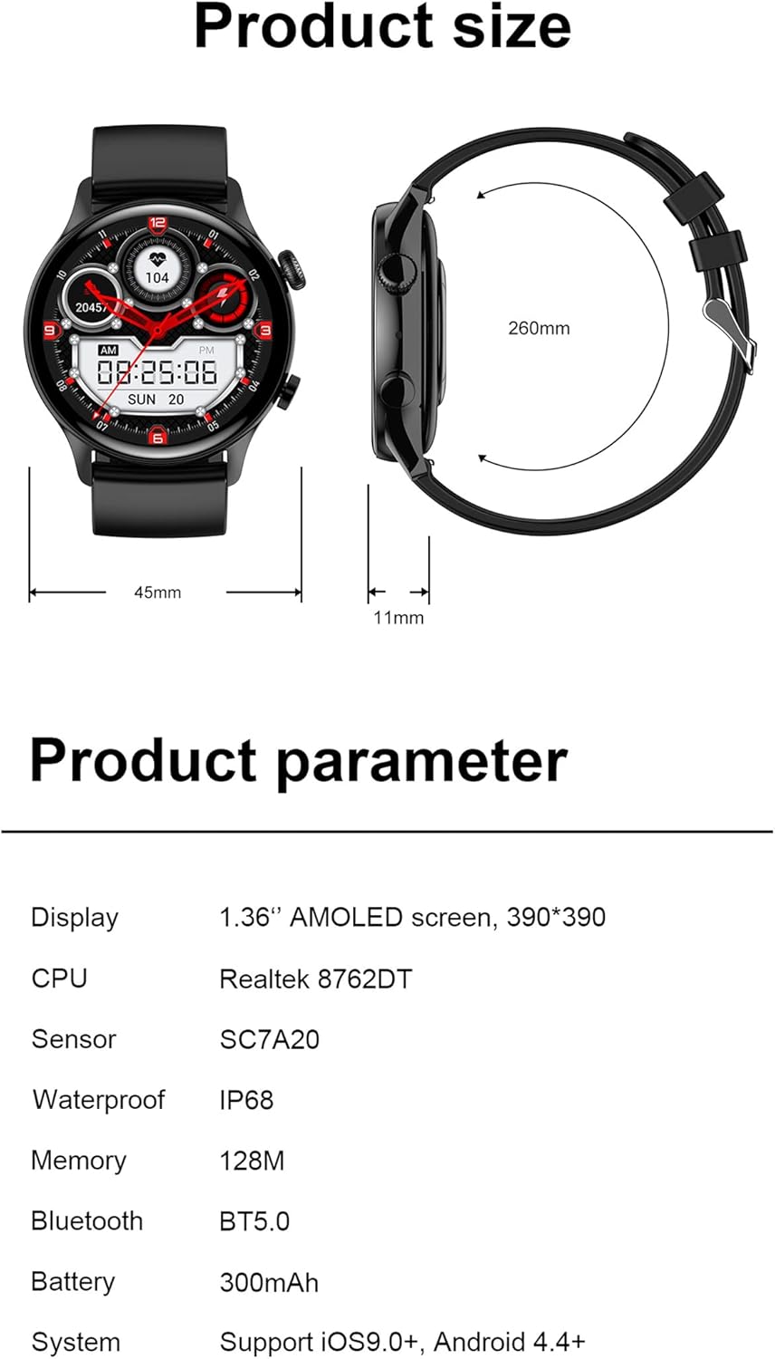 Diagram showing the dimensions of the HANDA HK8 Pro Smart Watch and a list of its key technical parameters.