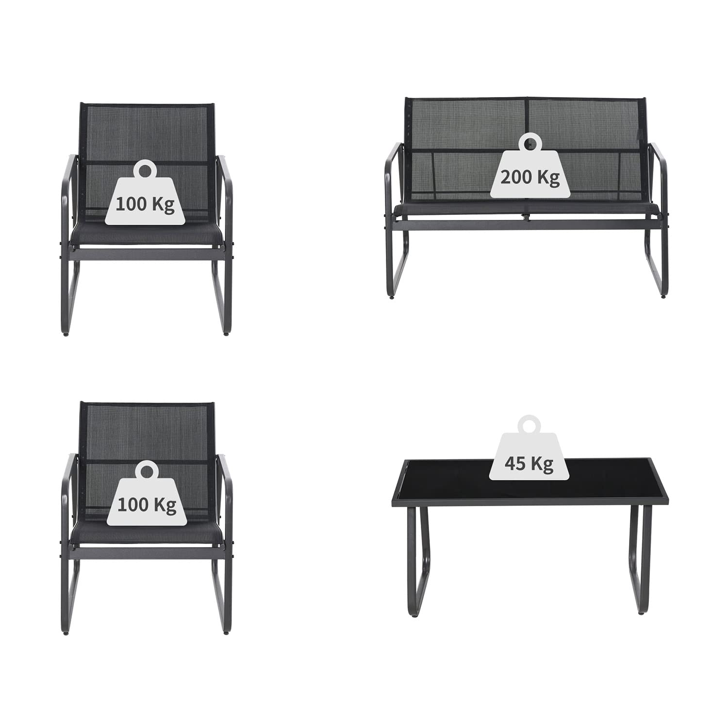 FRANKYSTAR Sakura - Salottino da giardino di design con divanetto + 2 poltrone + tavolino da caffè con ripiano in vetro. Set lounge da esterno 4 pezzi in metallo e textilene. Nero.
