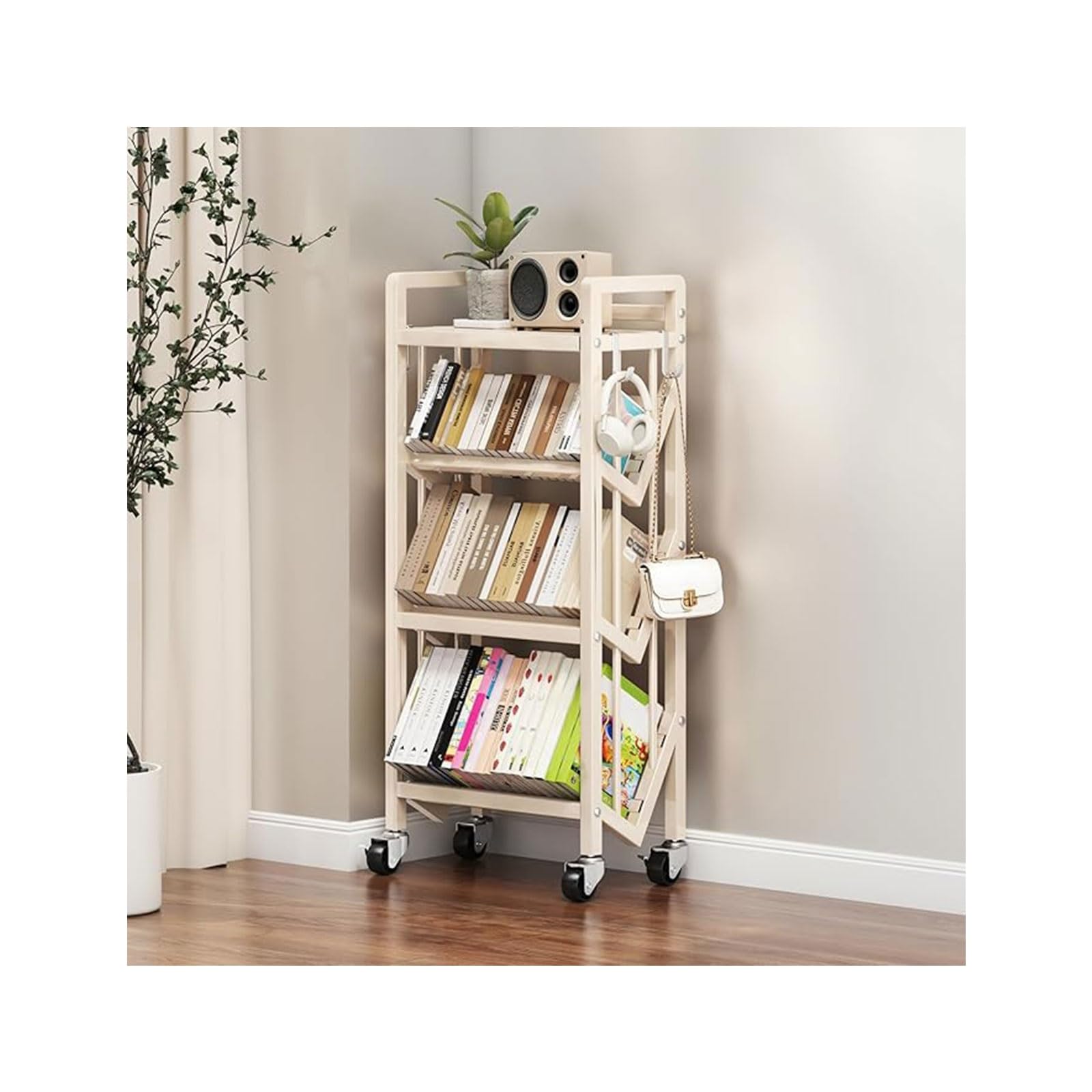 Book Carts with Wheels, Library Rolling Book Cart 2/3/4/5 Tier Movable Bookshelf Mobile Large Capacity L-Shaped Carbon Steel Organizer Rack for Office, Home, Classroom(White,4 Tiers-19.7x9.8x46.5in)
