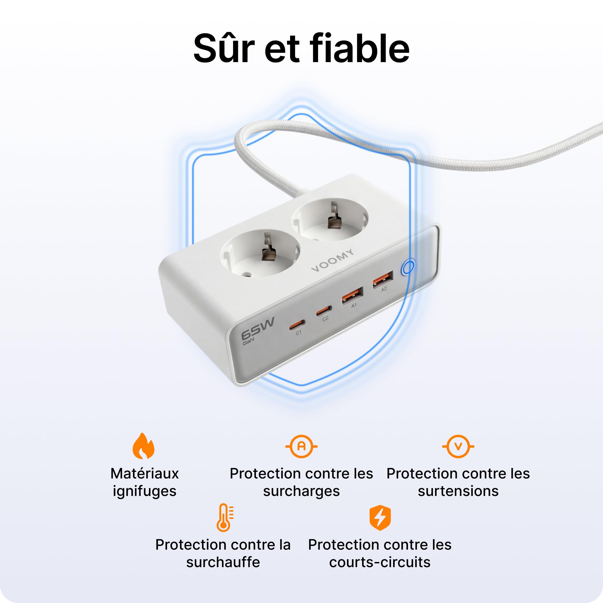 Voomy Multiprise avec Ports USB 65W, Protection Contre Les Surtensions, Les Surcharges et Les Courts-Circuits, Verrouillage de Sécurité, 2 Mètres (Blanc)