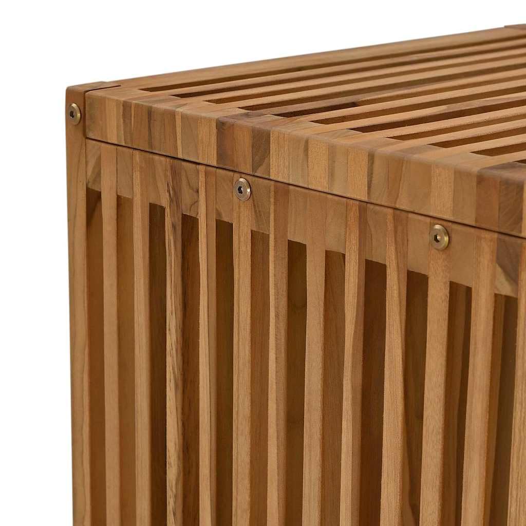 Brązowy drewniany stół ogrodowy z boku, 45 x 45,5 x 45,5 cm, solidny teak, na taras, balkon na zewnątrz, stabilny design, łatwa pielęgnacja, oszczędność miejsca