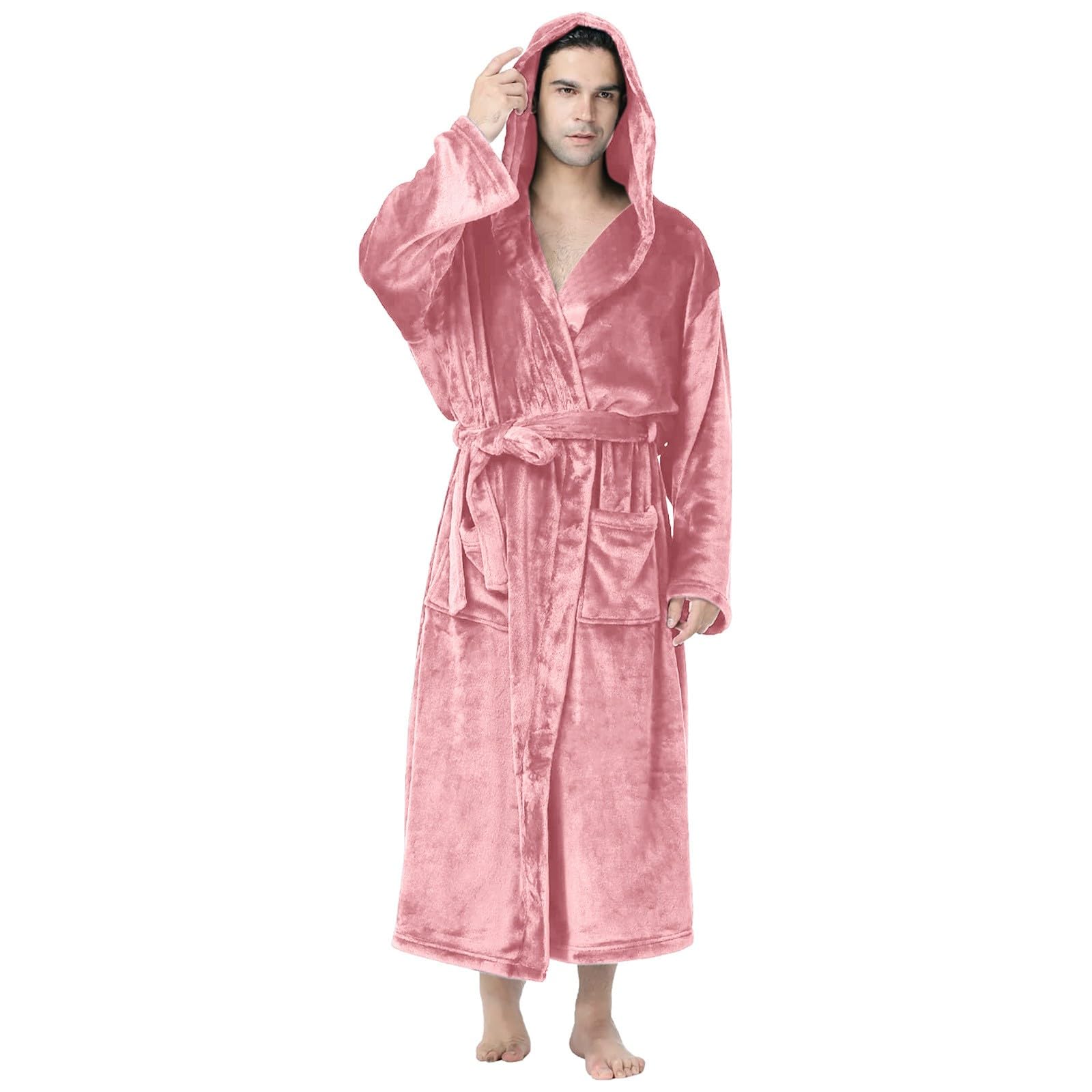 Generisch Albornoz de algodón para hombre, con capucha, bata larga para sauna, camisón grueso de flojel, poncho de baño, toalla, tallas grandes, bata de invierno, ropa de dormir con bolsillos y