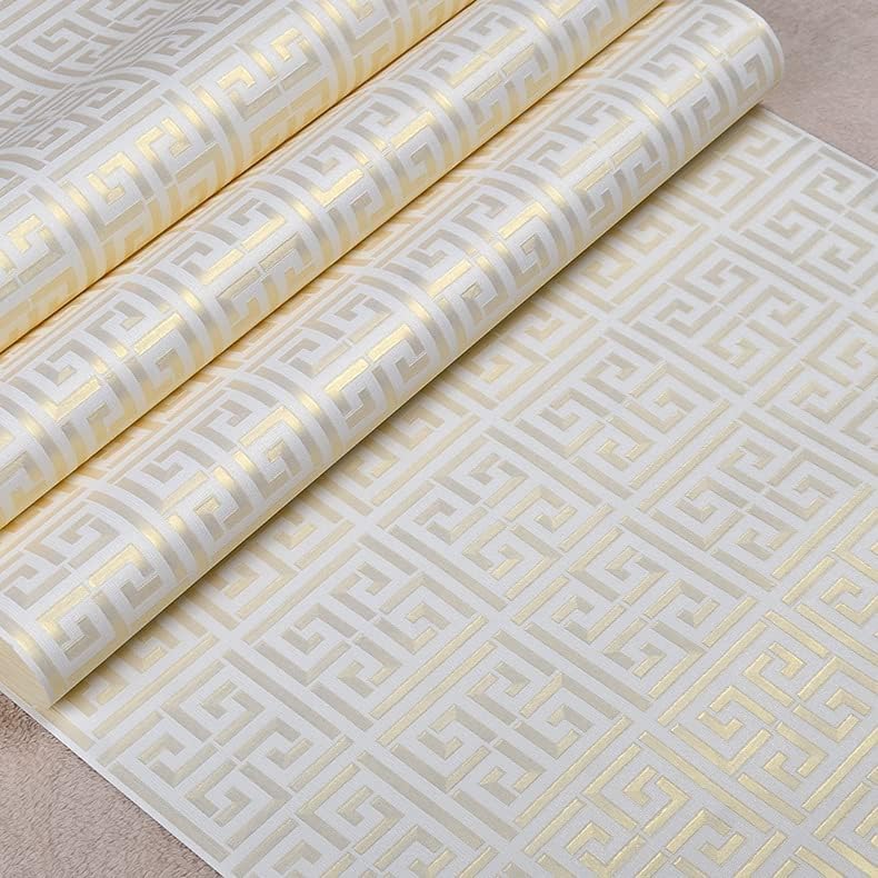 Greek Key Pattern Wallpaper Textured White Metallic Gold Peel and Stick Wallpaper Geometric Embossed Self Adhesive Waterproof 20.8"x236.0"