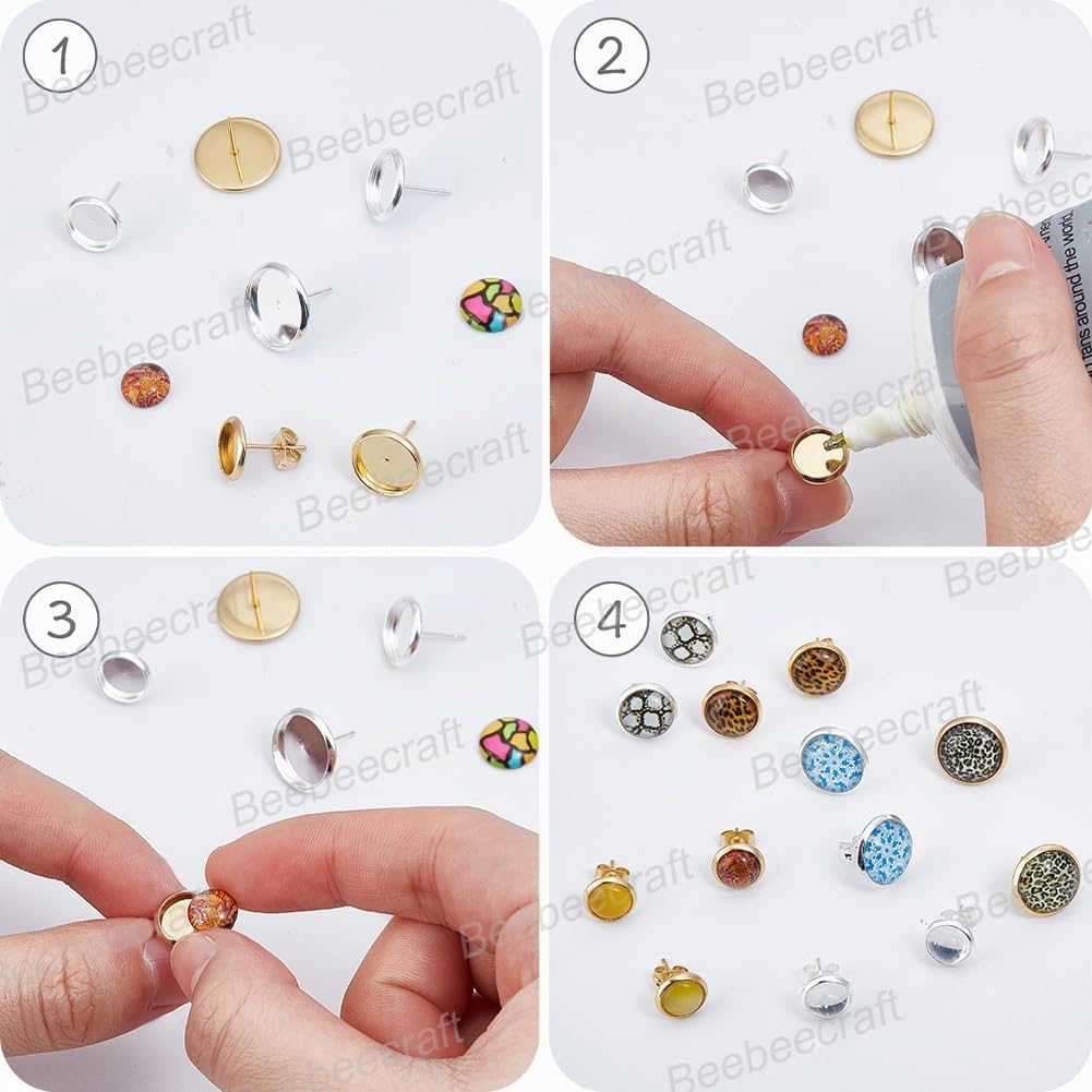 Beebeecraft 1 Scatola da 60 Pezzi di Cabochon per Orecchini in Acciaio Inossidabile Placcato in Oro 18K e Argento Sterling con Base A Castone Perni A Tazza per La Creazione di Gioielli