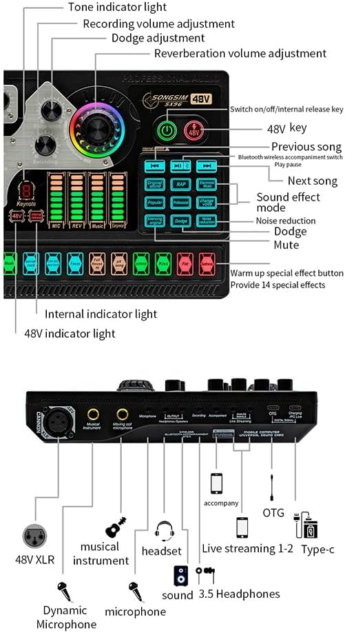 Douehpy SX96 サウンドカード ブラックメタル + プラスチック 48V サウンドカード マイク 携帯電話 コンピュータ
