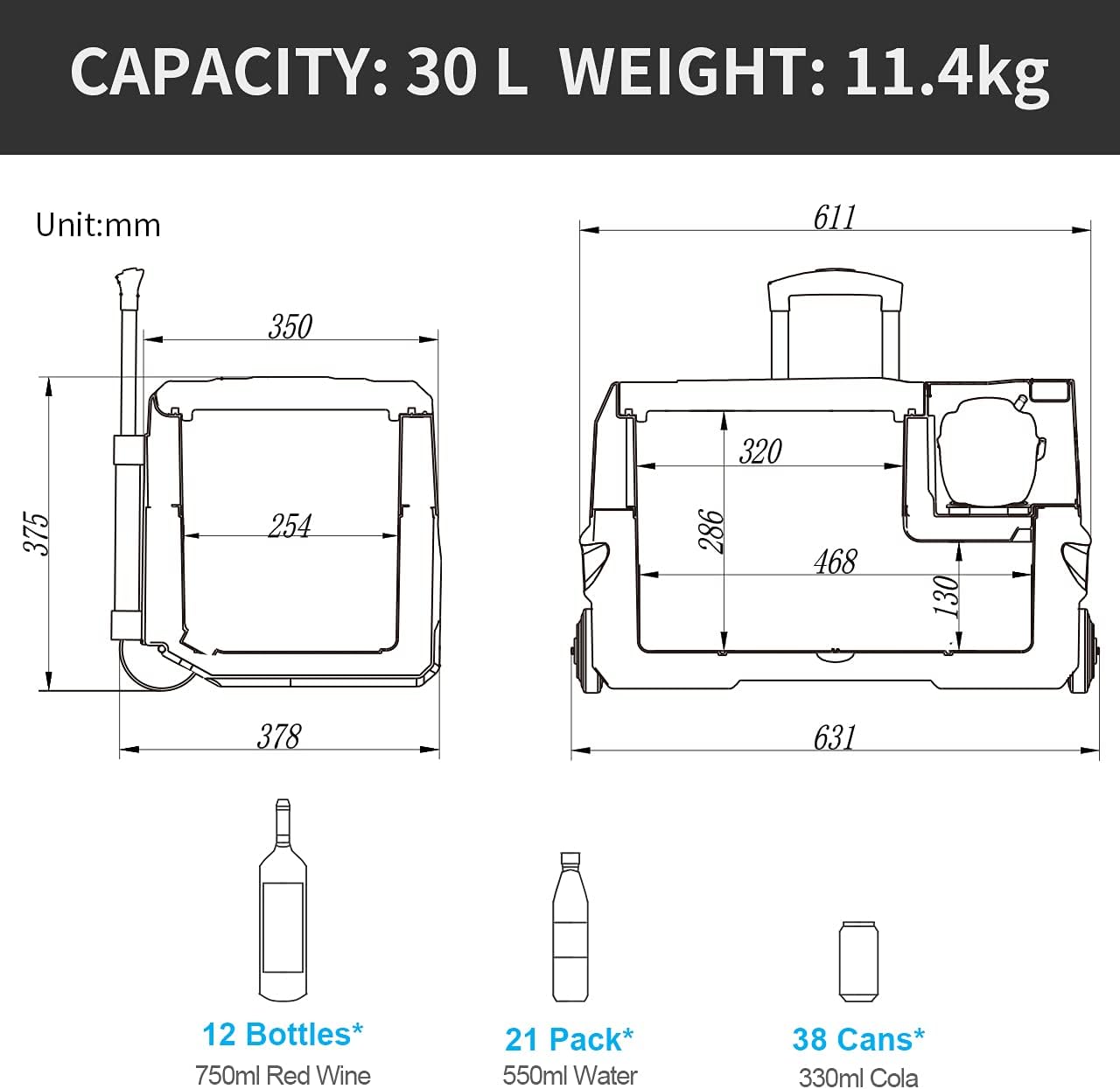 Alpicool CX30 dimensions and capacity examples