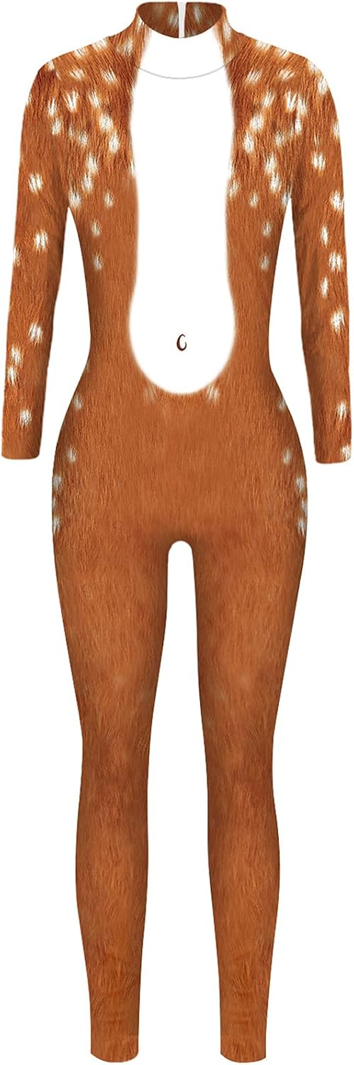 Lu's Chic Women's Halloween Costumes Animal 3D Catsuit Funny Bodysuit Cosplay Long Sleeve
