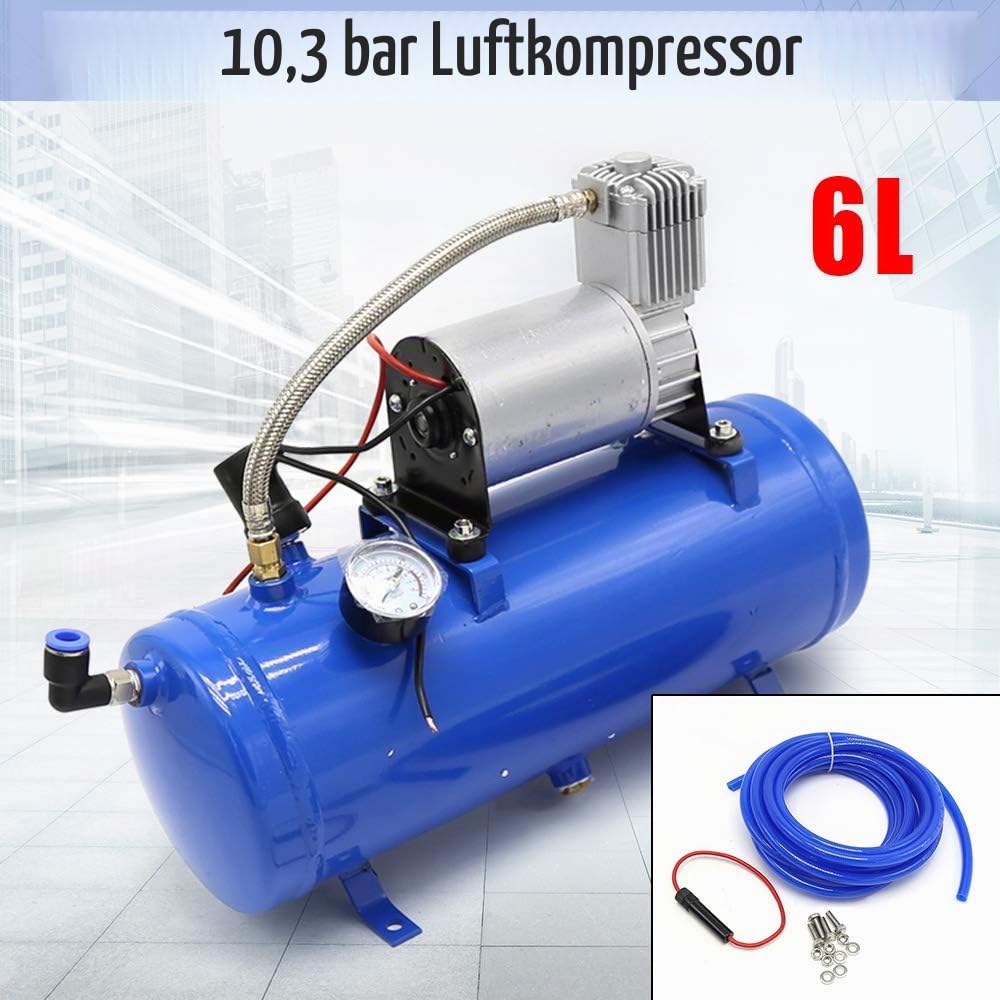 Kompressor 6L 12V 150 Psi Luftkompressor Tankinhalt Compressor Flüsterkompressor Druckluftkompressor für Fahrzeugreifen, Bälle, Boote Komplettes Zubehör Automatischer Schalter