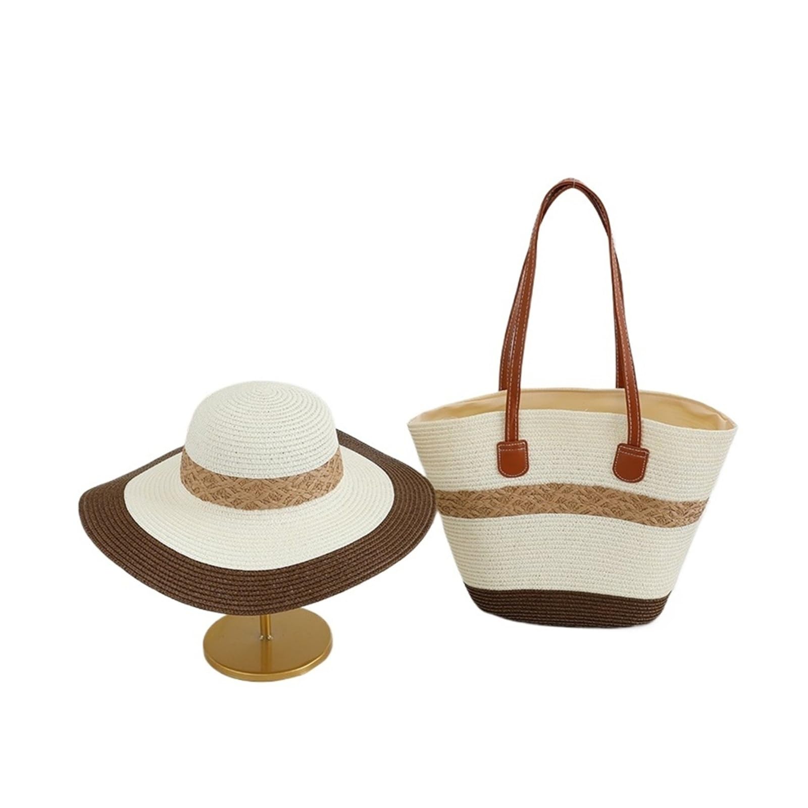 Conjunto de sombrero de paja para primavera y verano, para mujer, con ala grande, sombrero, playa, vacaciones (color 13, traje)