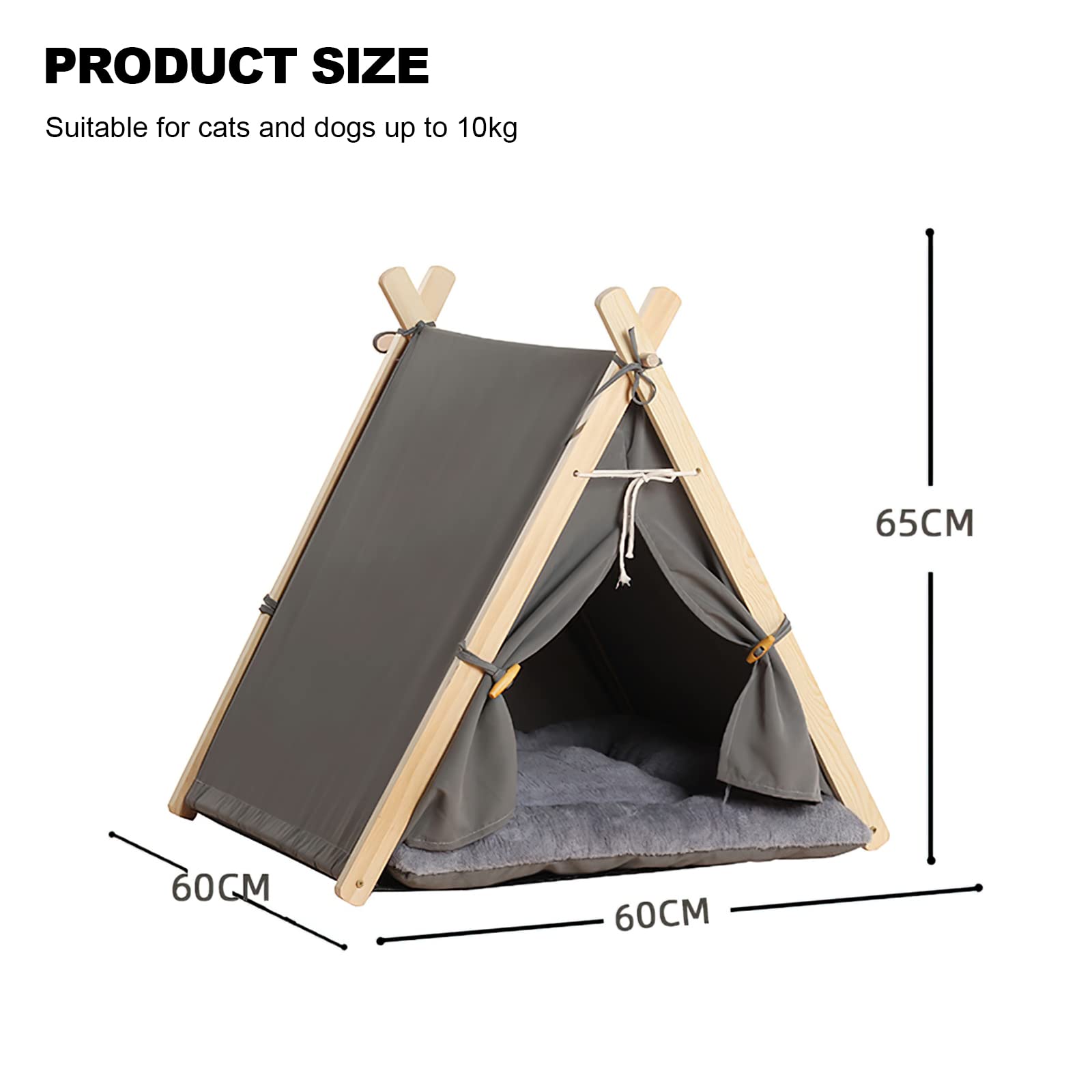 BOSERMEN Cat Tent, Pets Teepee with Removable Washable Cushion Easy Assemble, Washable Dog Tent, Portable Cat House, Cute Cat Bed(Grey)