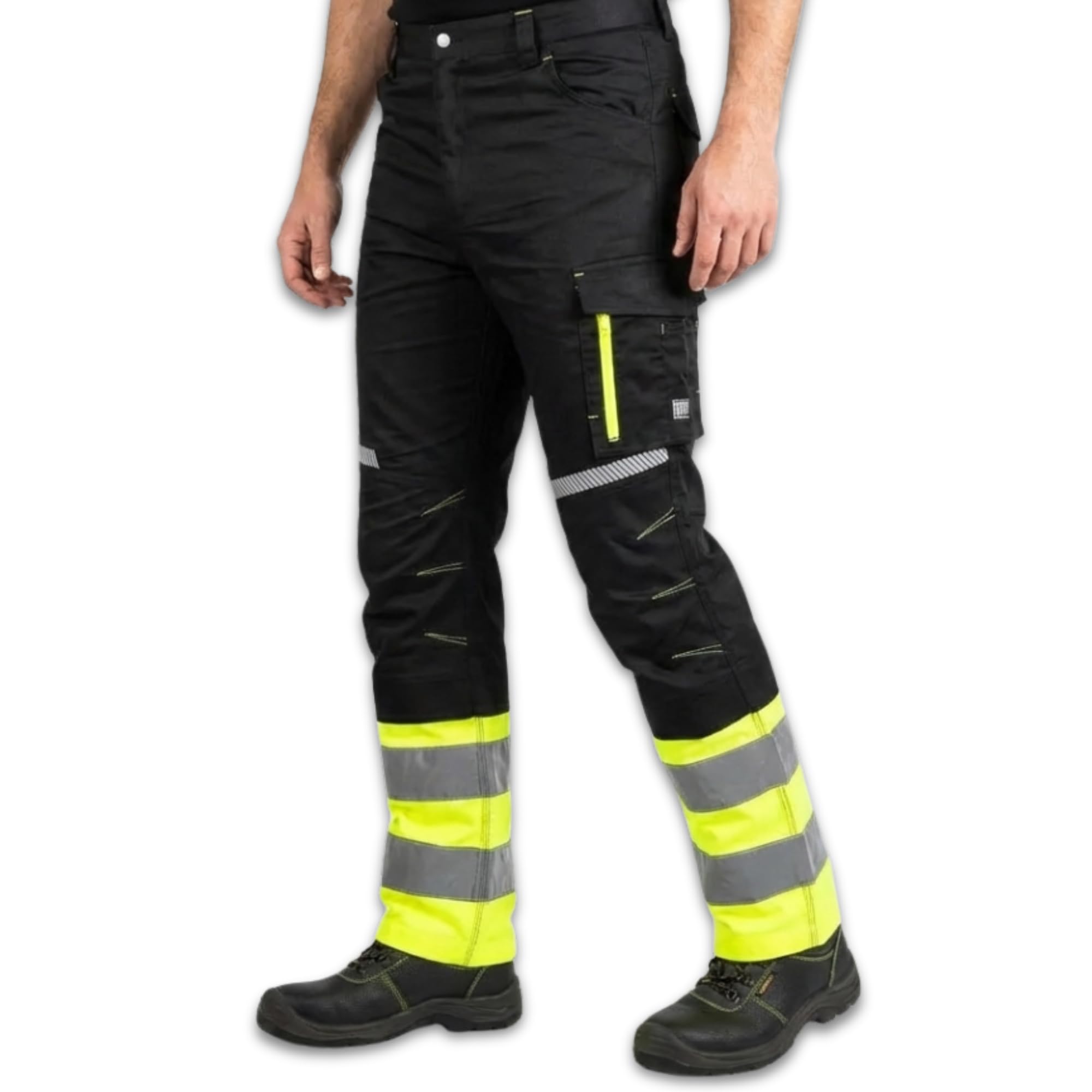 NEO TOOLS Pantaloni di sicurezza neri e gialli – Alta visibilità (classe 1) – Robusto tessuto Twill, tasche per ginocchiere e tasche multifunzionali – Per costruzione, strada e magazzino